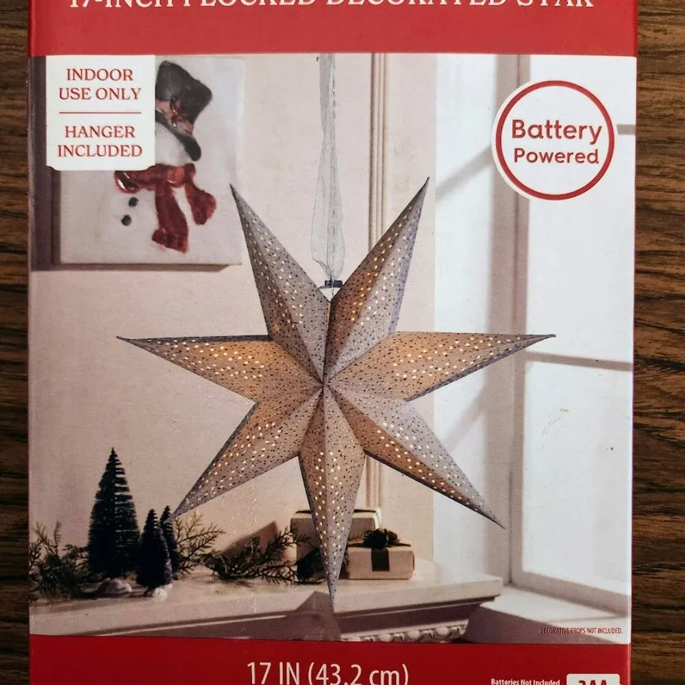 NEW Light Up Battery Operated Flocked Star Christmas Hanging Decoration Decor Ho
